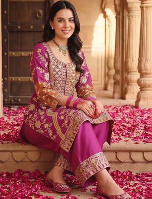 women ethnic motifs embroidered regular kurta with palazzos & with dupatta 2