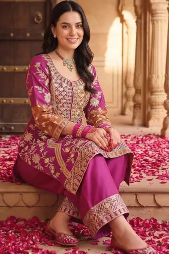 women ethnic motifs embroidered regular kurta with palazzos & with dupatta