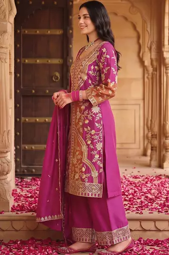 women ethnic motifs embroidered regular kurta with palazzos & with dupatta