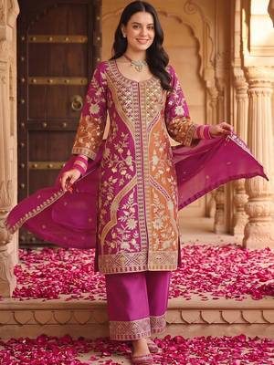 women ethnic motifs embroidered regular kurta with palazzos & with dupatta 5