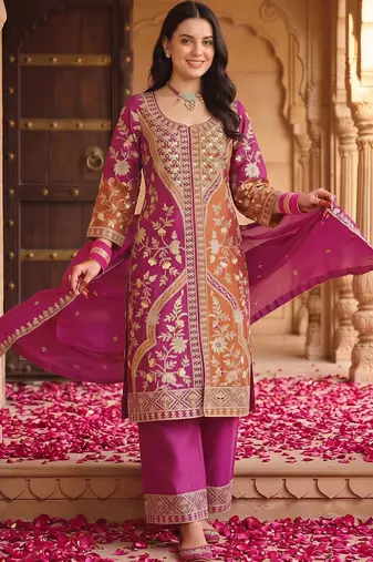 women ethnic motifs embroidered regular kurta with palazzos & with dupatta