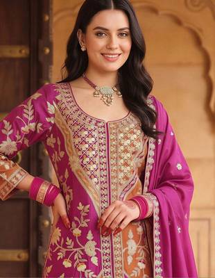 women ethnic motifs embroidered regular kurta with palazzos & with dupatta 6