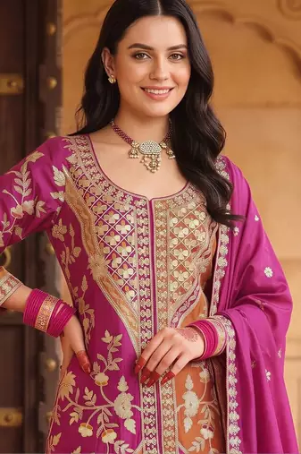 women ethnic motifs embroidered regular kurta with palazzos & with dupatta