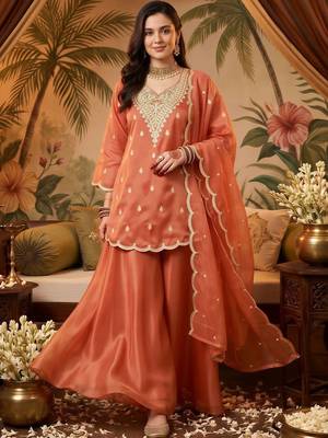women ethnic motifs embroidered regular kurta with sharara & with dupatta 1
