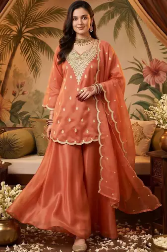 women ethnic motifs embroidered regular kurta with sharara & with dupatta