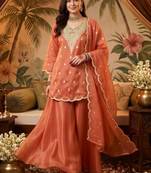 women ethnic motifs embroidered regular kurta with sharara & with dupatta