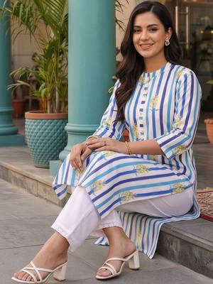 women printed regular cotton kurta with trousers 2