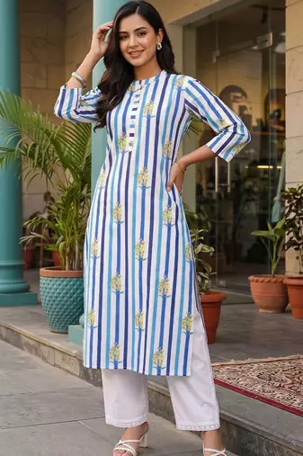 women printed regular cotton kurta with trousers