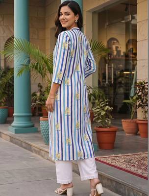 women printed regular cotton kurta with trousers 4