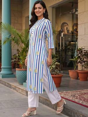 women printed regular cotton kurta with trousers 1