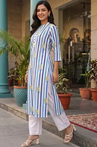 women printed regular cotton kurta with trousers