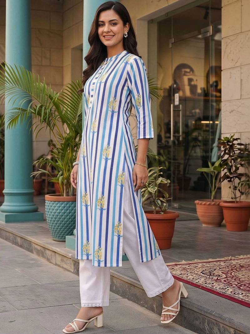 women printed regular cotton kurta with trousers