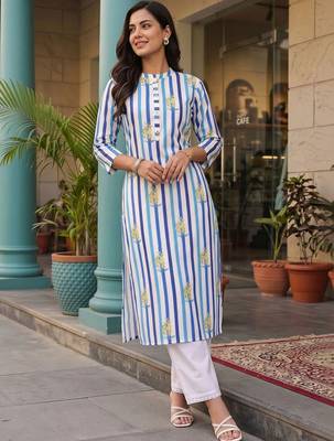 women printed regular cotton kurta with trousers 5