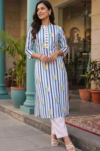 women printed regular cotton kurta with trousers