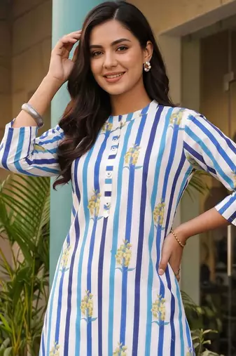 women printed regular cotton kurta with trousers