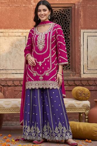 women ethnic motifs embroidered regular kurta with sharara & with dupatta