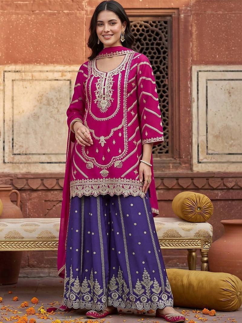 women ethnic motifs embroidered regular kurta with sharara & with dupatta