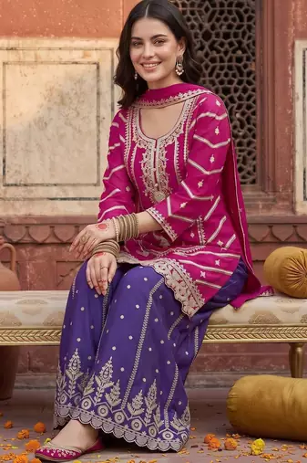 women ethnic motifs embroidered regular kurta with sharara & with dupatta