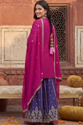women ethnic motifs embroidered regular kurta with sharara & with dupatta