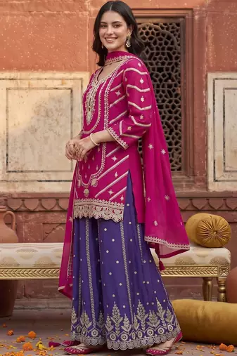 women ethnic motifs embroidered regular kurta with sharara & with dupatta