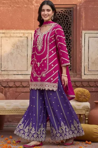 women ethnic motifs embroidered regular kurta with sharara & with dupatta