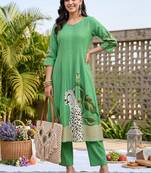 women animal printed pleated cotton kurta with trousers