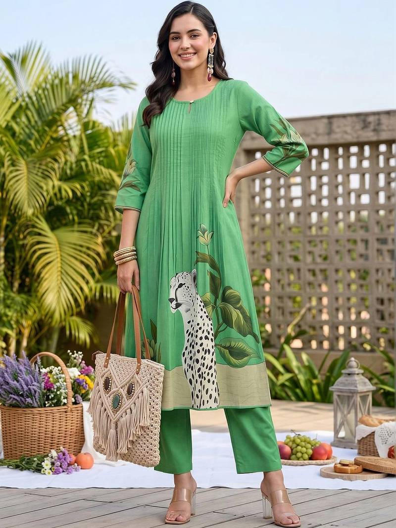 women animal printed pleated cotton kurta with trousers