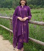 women ethnic motifs embroidered regular thread work cotton kurta with trousers & with dupatta