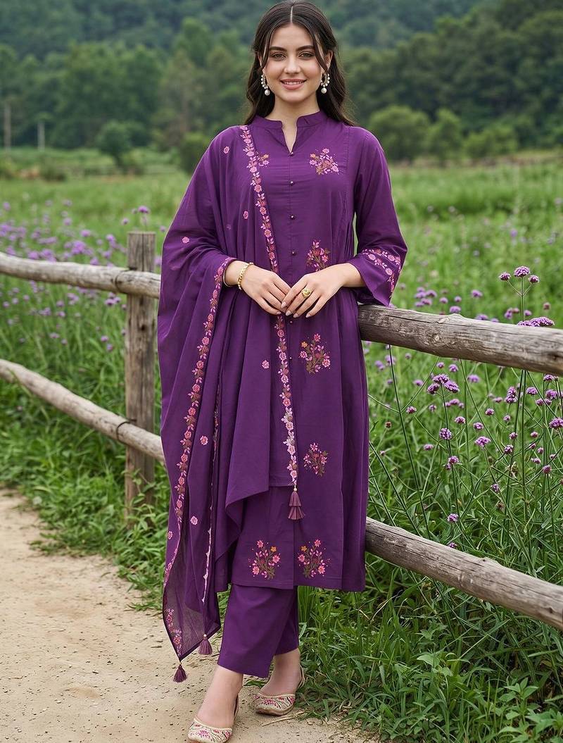 women ethnic motifs embroidered regular thread work cotton kurta with trousers & with dupatta