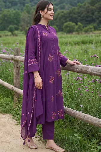women ethnic motifs embroidered regular thread work cotton kurta with trousers & with dupatta