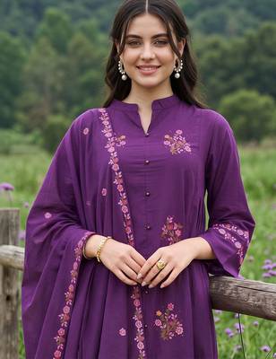 women ethnic motifs embroidered regular thread work cotton kurta with trousers & with dupatta 6