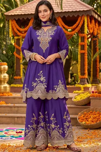 women ethnic motifs embroidered regular thread work kurta with palazzos & with dupatta