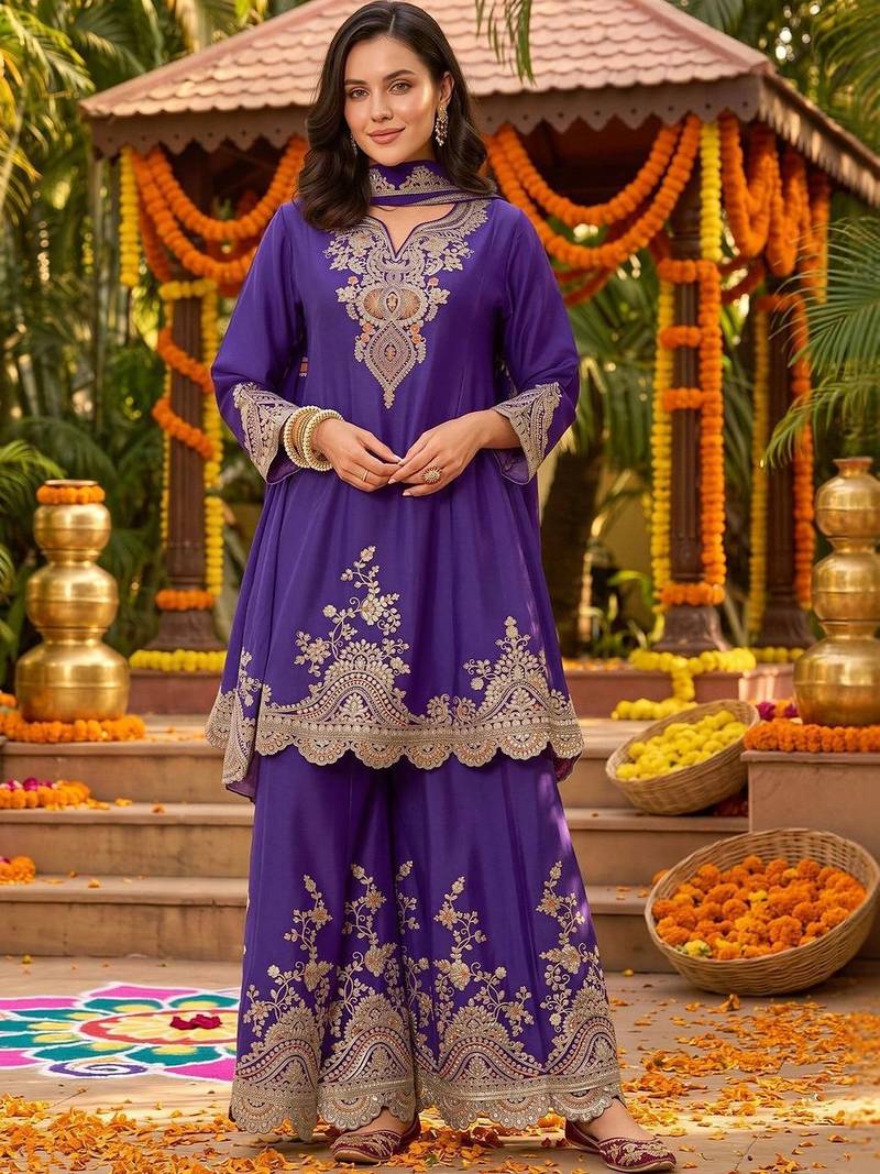 women ethnic motifs embroidered regular thread work kurta with palazzos & with dupatta