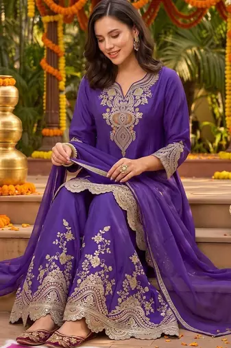 women ethnic motifs embroidered regular thread work kurta with palazzos & with dupatta