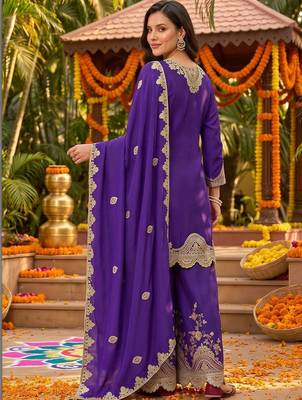 women ethnic motifs embroidered regular thread work kurta with palazzos & with dupatta 3