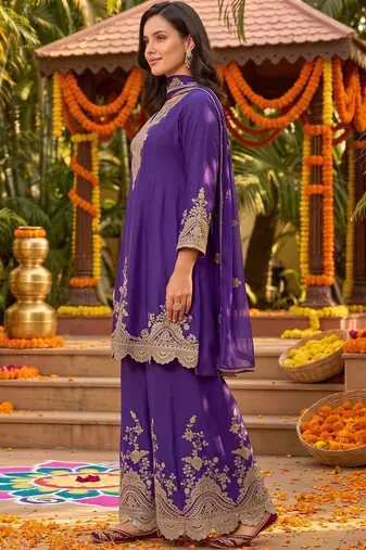 women ethnic motifs embroidered regular thread work kurta with palazzos & with dupatta