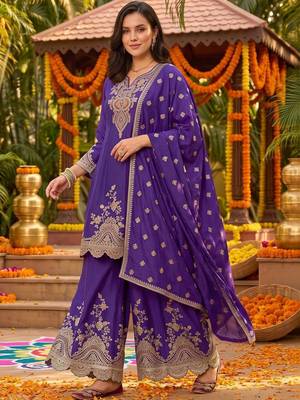 women ethnic motifs embroidered regular thread work kurta with palazzos & with dupatta 5