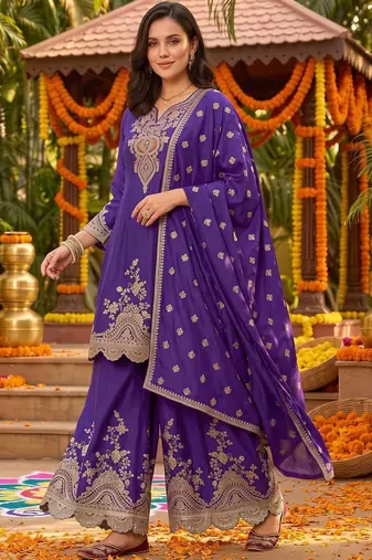 women ethnic motifs embroidered regular thread work kurta with palazzos & with dupatta