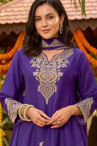 women ethnic motifs embroidered regular thread work kurta with palazzos & with dupatta