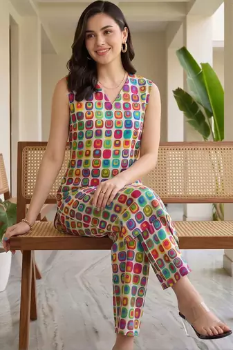 women printed regular cotton kurta with trousers