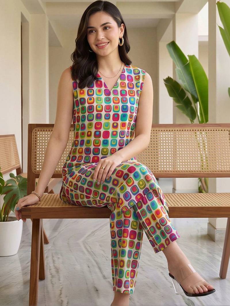 women printed regular cotton kurta with trousers