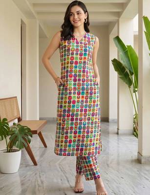 women printed regular cotton kurta with trousers 2