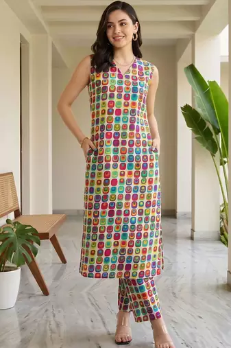 women printed regular cotton kurta with trousers