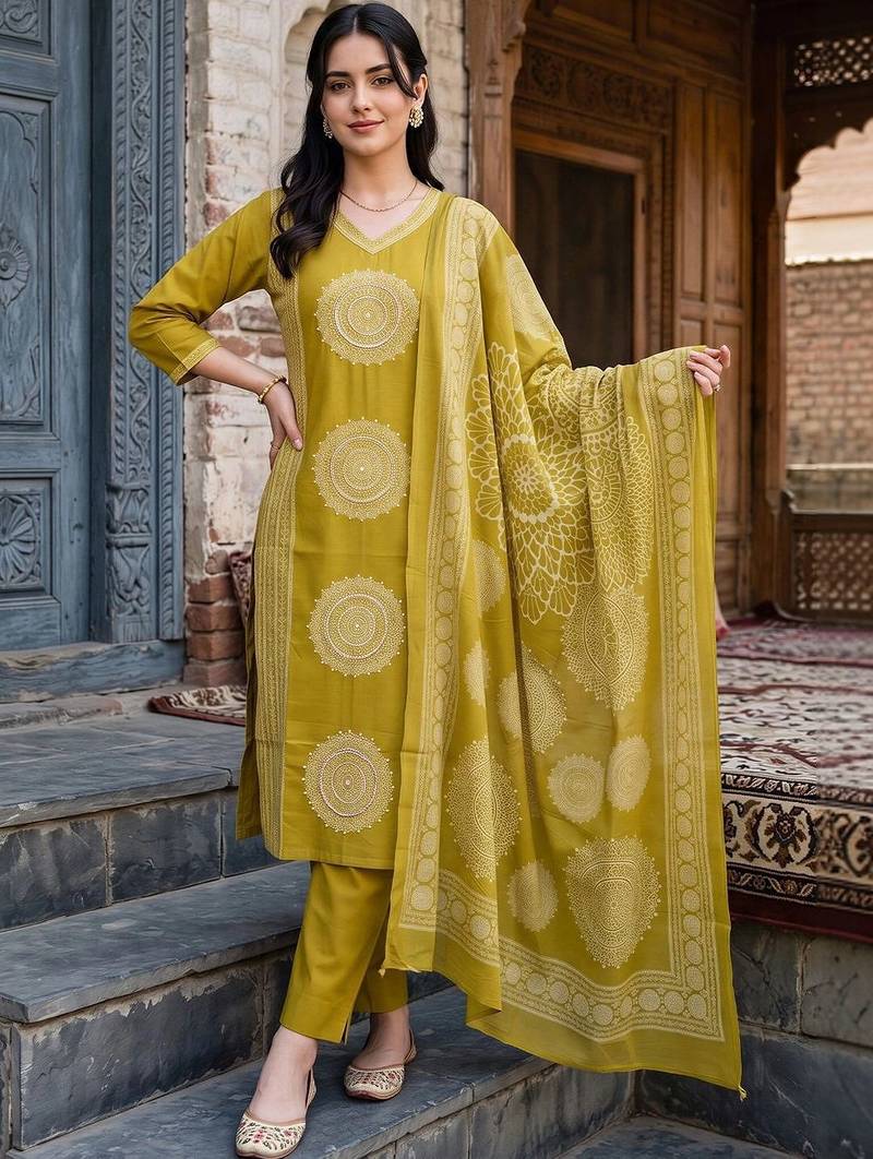 women ethnic motifs printed regular cotton kurta with trousers & with dupatta