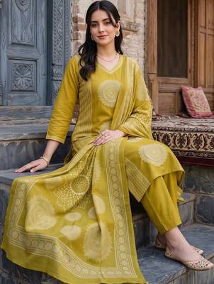 women ethnic motifs printed regular cotton kurta with trousers & with dupatta 2