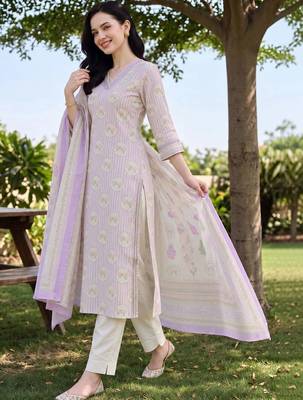 women printed regular cotton kurta with trousers & with dupatta 1