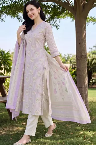 women printed regular cotton kurta with trousers & with dupatta