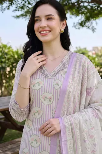 women printed regular cotton kurta with trousers & with dupatta