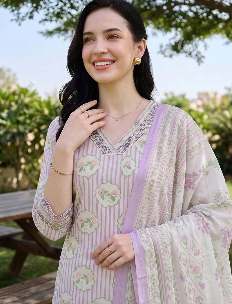 women printed regular cotton kurta with trousers & with dupatta