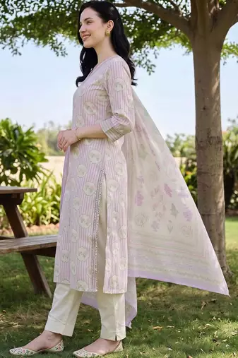 women printed regular cotton kurta with trousers & with dupatta